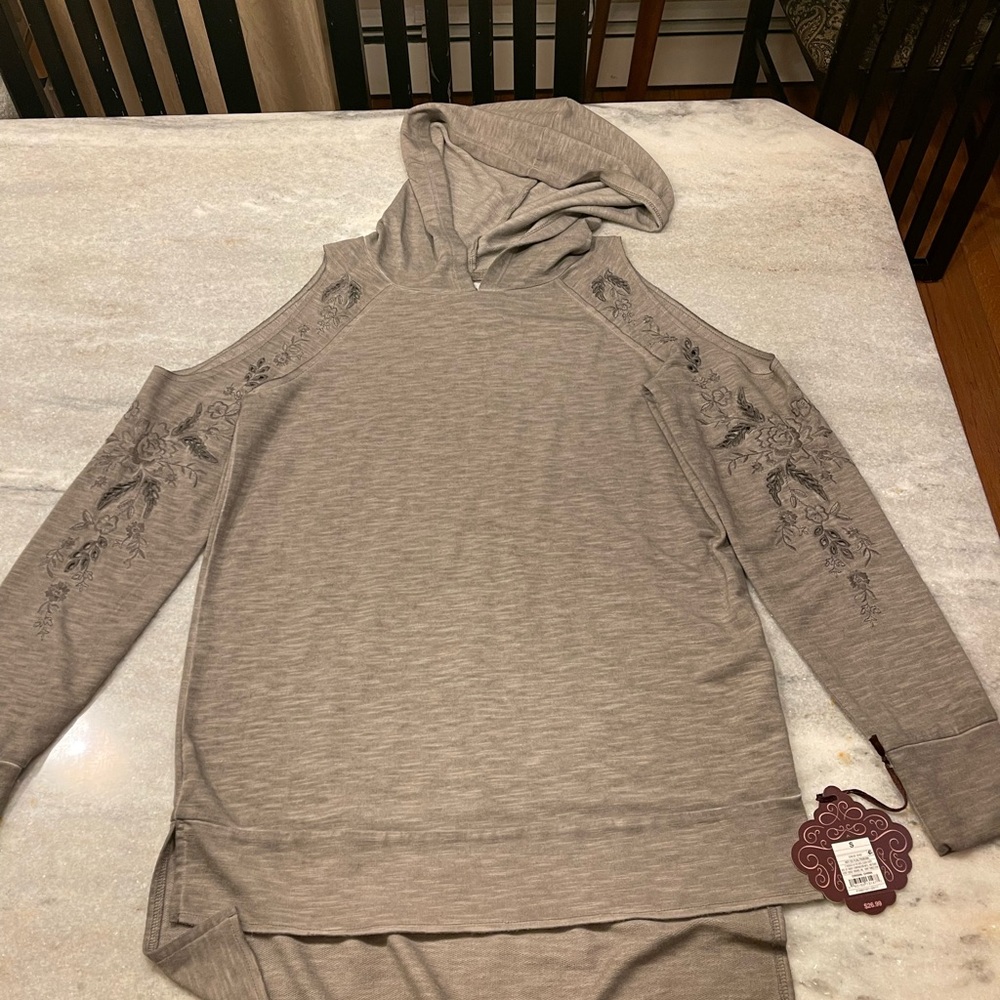 Gray Cold Shoulder Hoodie with Embroidery